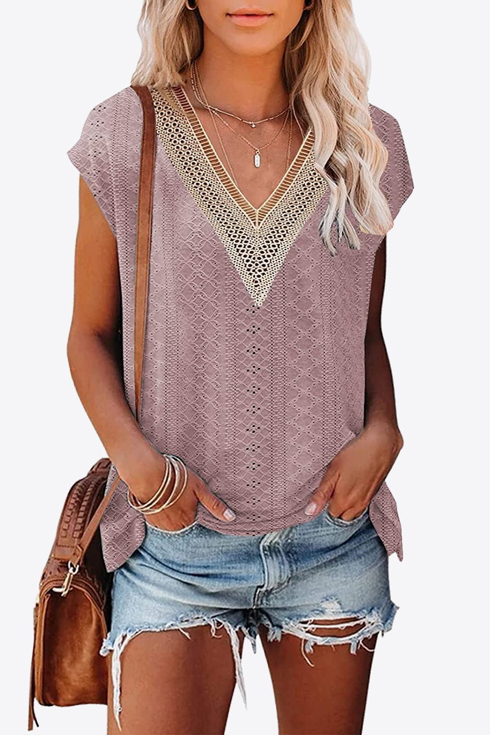 Eyelet Contrast V-Neck Tee-Stylish-Comfortable