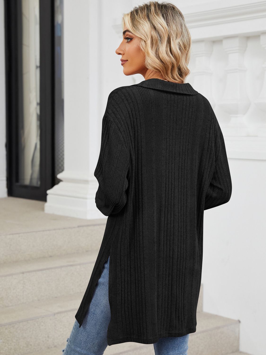 Slit Johnny Collar Long Sleeve T-Shirt-Comfortable