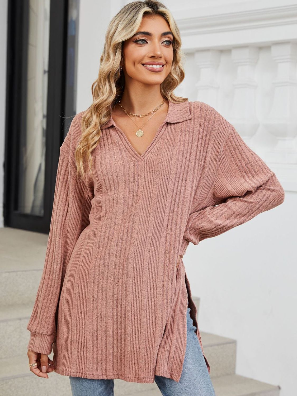 Slit Johnny Collar Long Sleeve T-Shirt-Comfortable