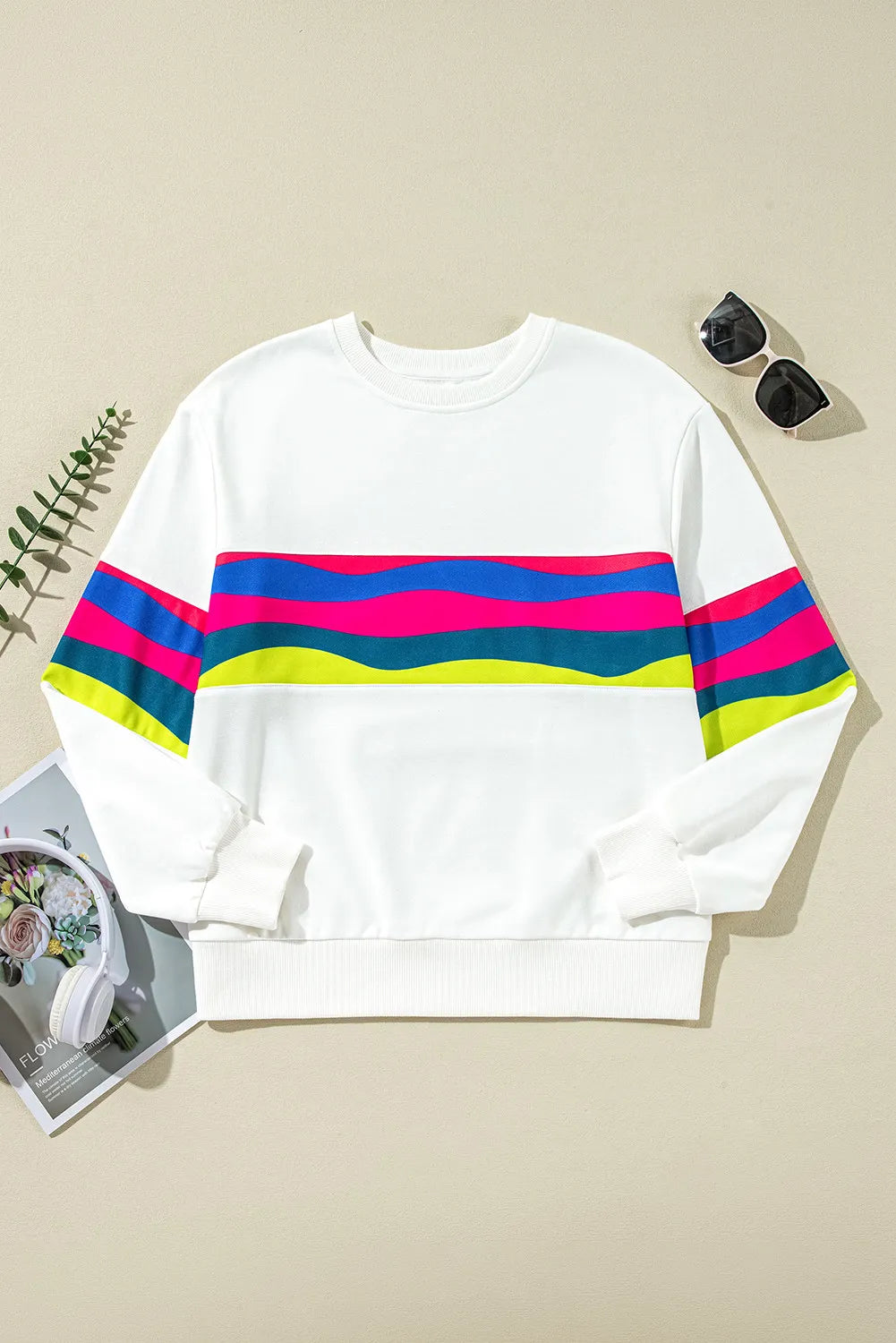 Contrast Round Neck Long Sleeve Top-Casual-Style