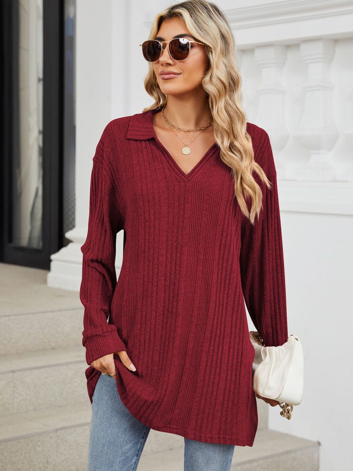 Slit Johnny Collar Long Sleeve T-Shirt-Comfortable