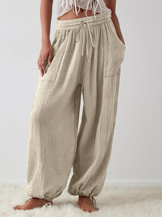 Textured Tied Pants with Pockets-Casual-Fashion