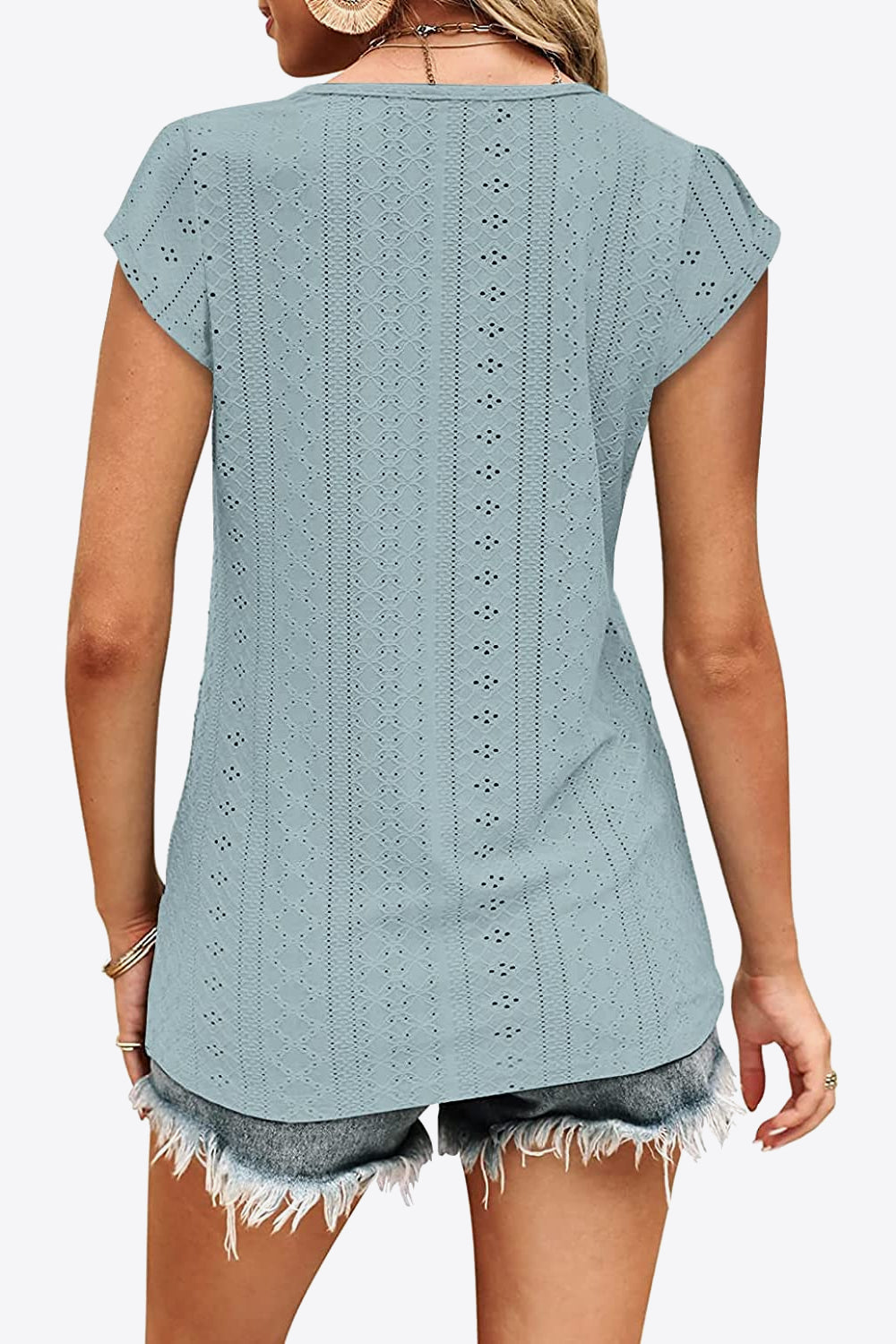 Eyelet Contrast V-Neck Tee-Stylish-Comfortable
