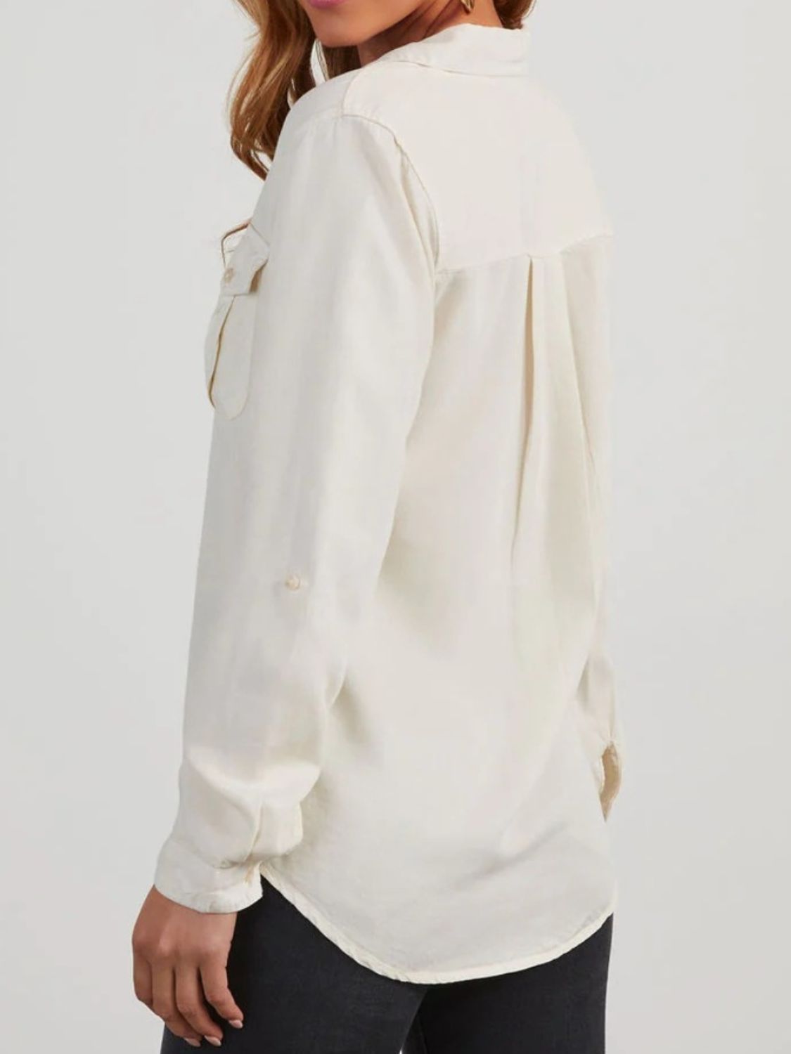 Collared Neck Roll-Tab Sleeve - Denim Top
