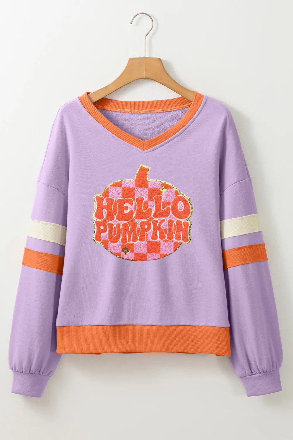 Contrast V-Neck Long Sleeve Sweatshirt-Comfort