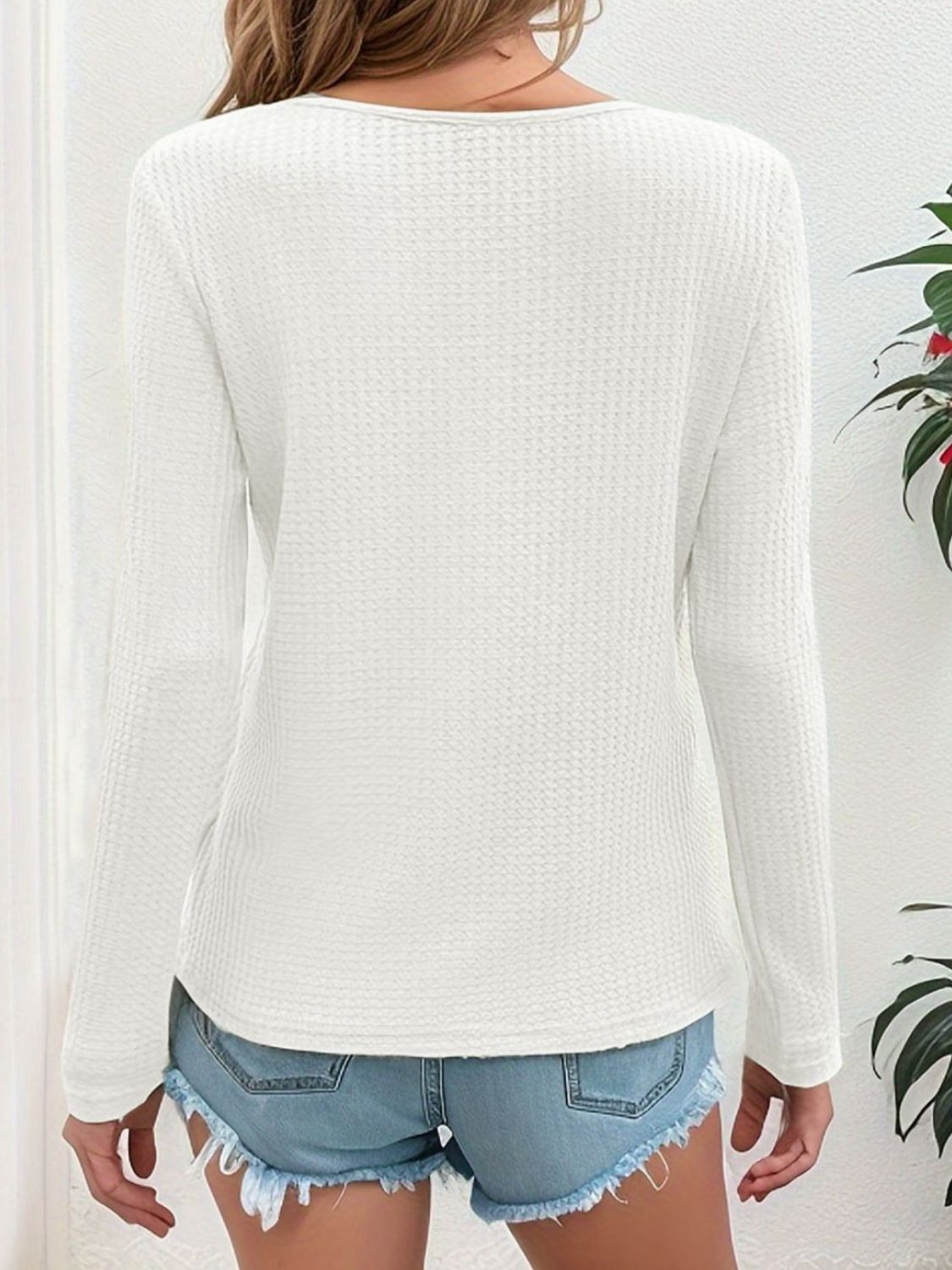 Waffle-Knit V-Neck Long Sleeve Top-Casual