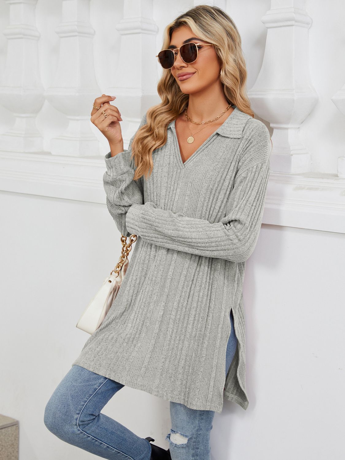 Slit Johnny Collar Long Sleeve T-Shirt-Comfortable