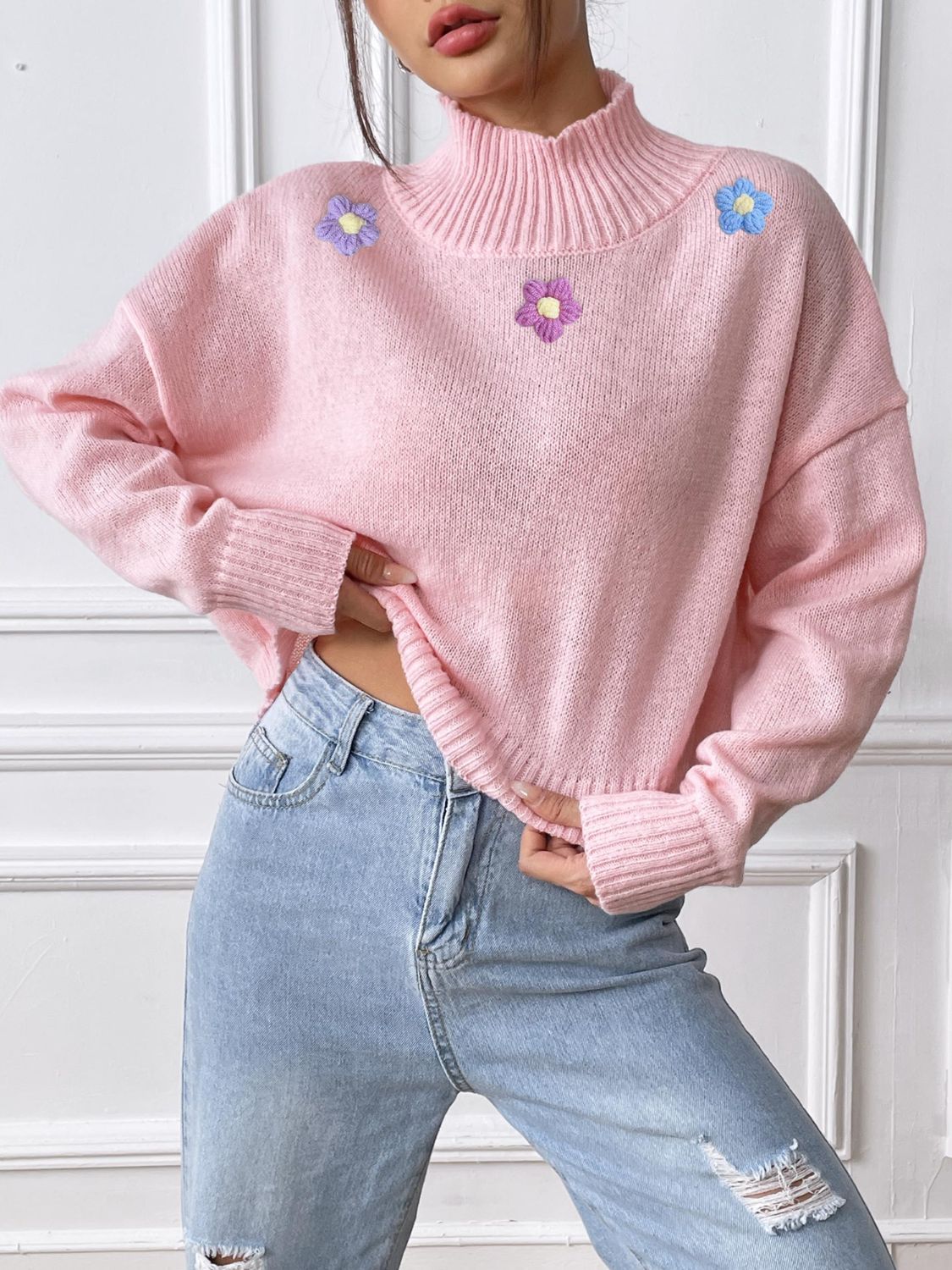 Flower Turtleneck Long Sleeve Sweater-Trendy
