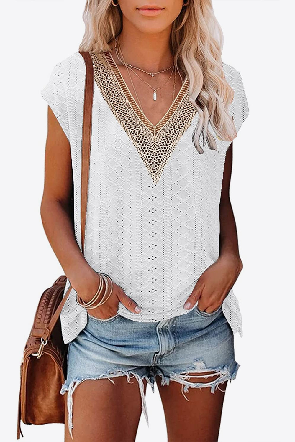 Eyelet Contrast V-Neck Tee-Stylish-Comfortable