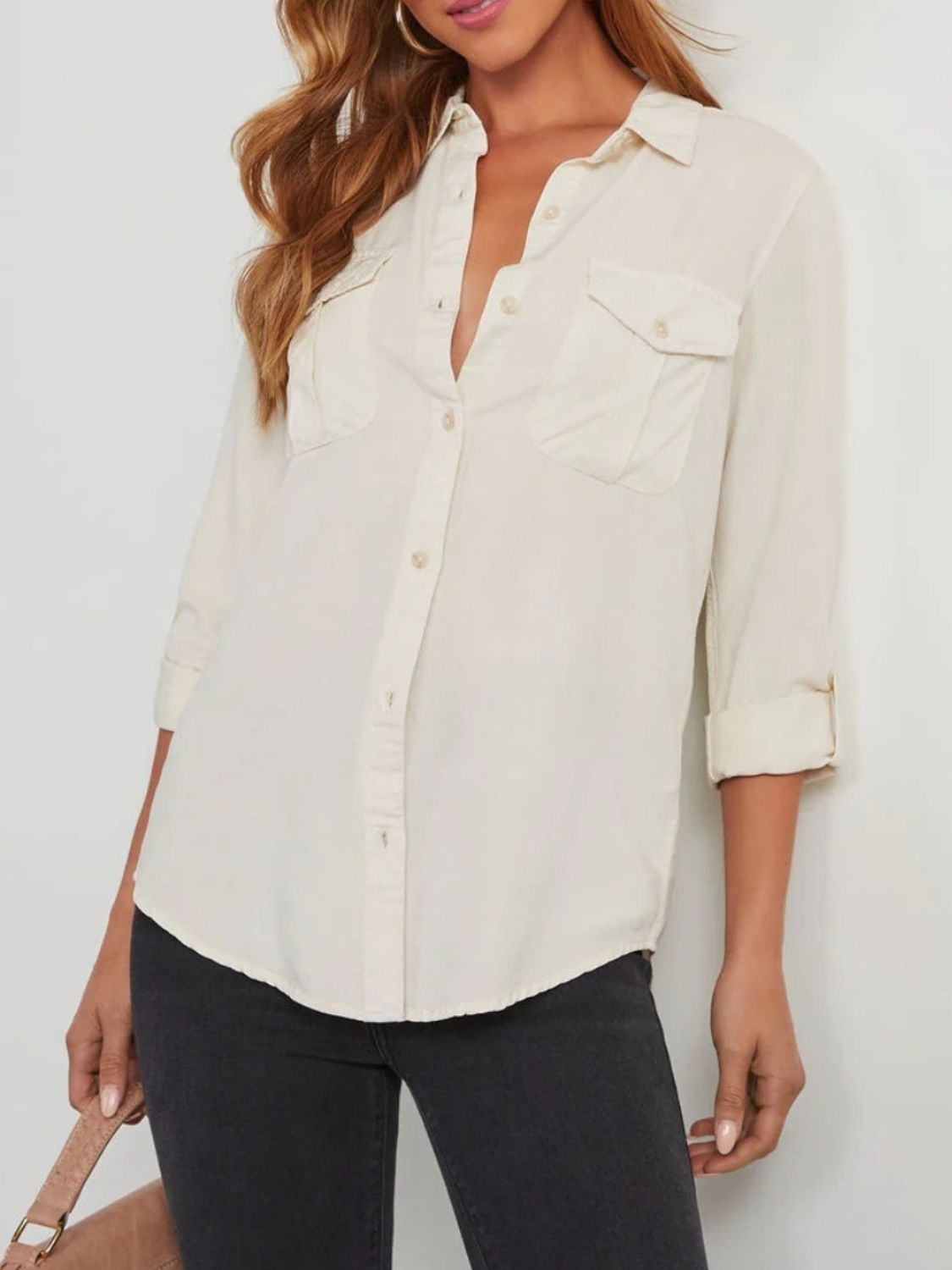 Collared Neck Roll-Tab Sleeve - Denim Top