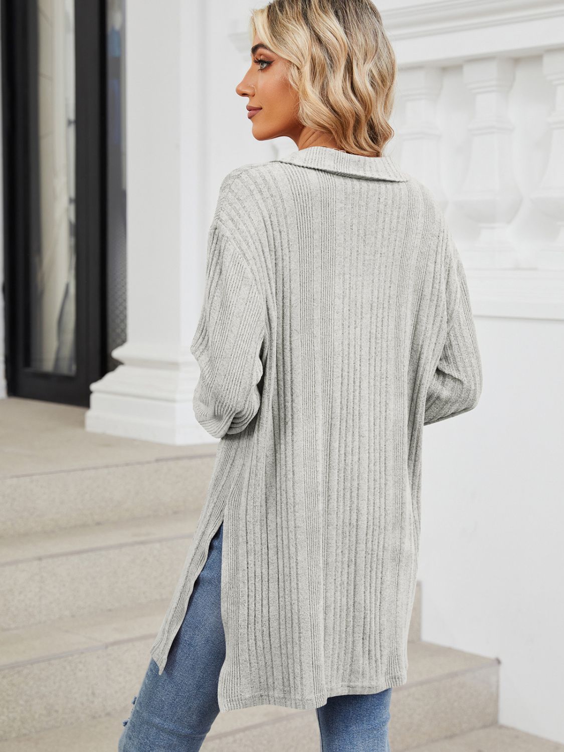 Slit Johnny Collar Long Sleeve T-Shirt-Comfortable