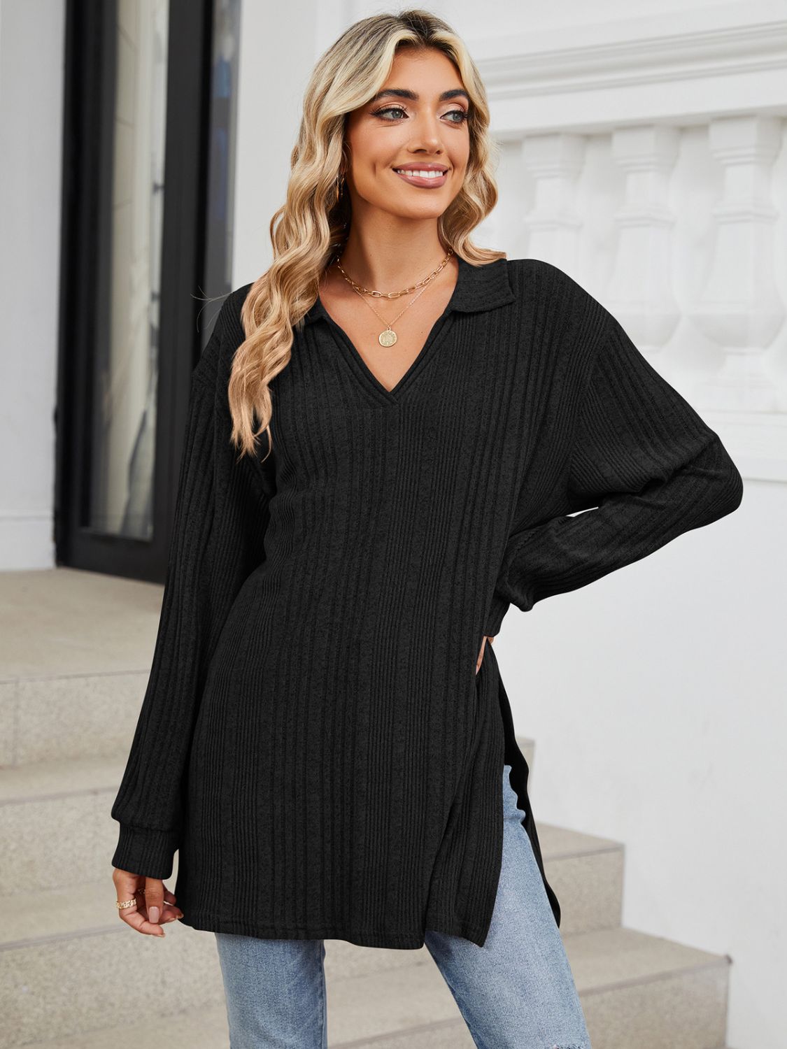 Slit Johnny Collar Long Sleeve T-Shirt-Comfortable