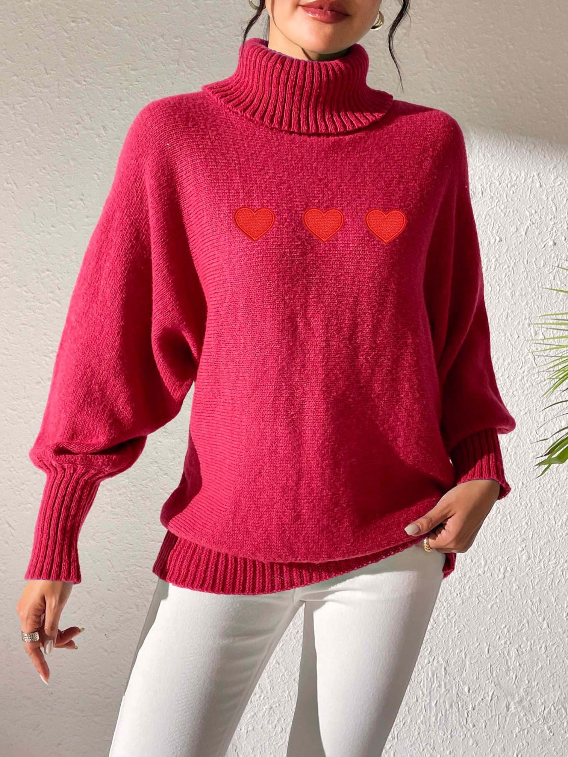 Heart Turtleneck Long Sleeve Sweater-Comfortable
