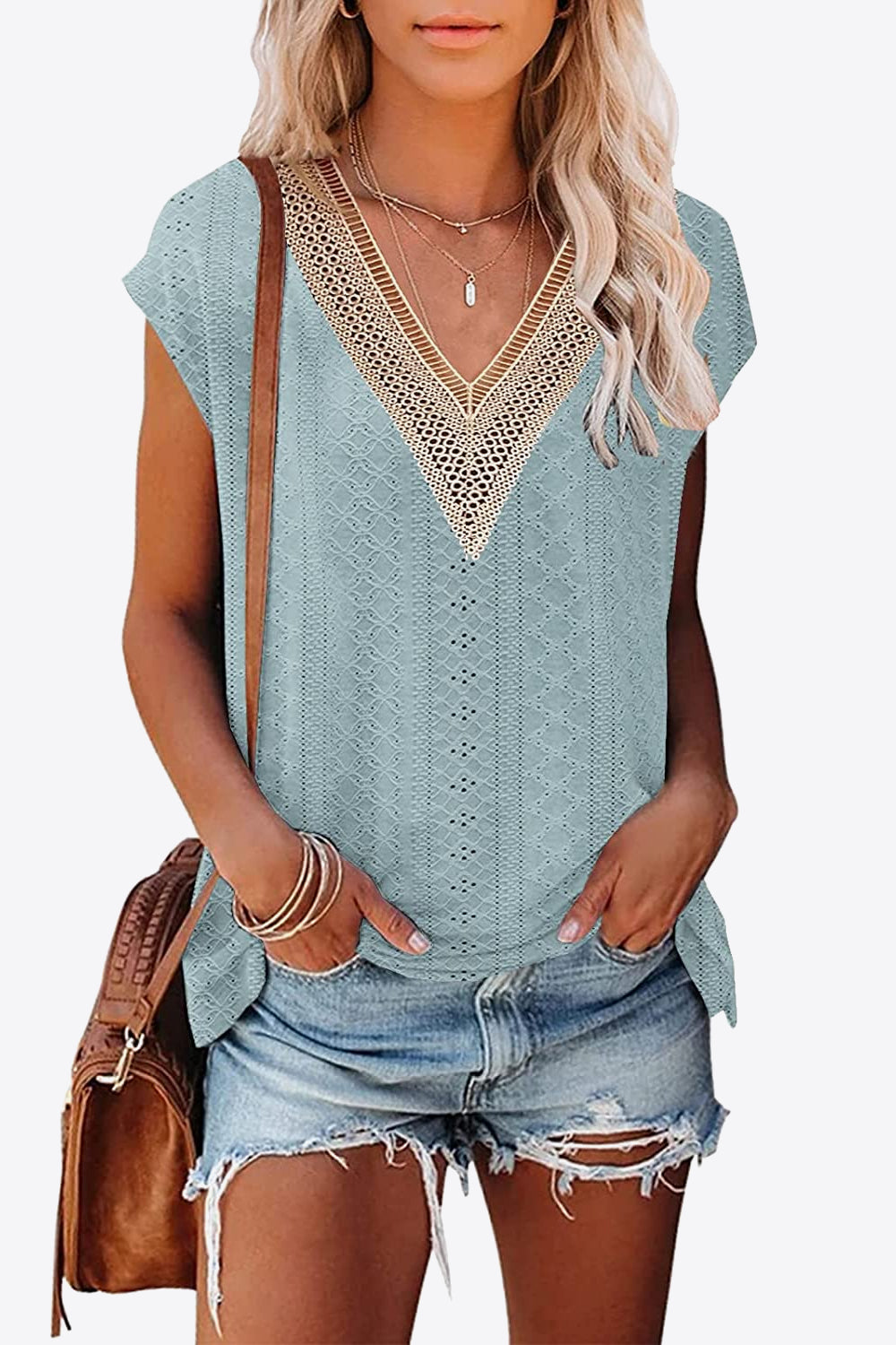 Eyelet Contrast V-Neck Tee-Stylish-Comfortable