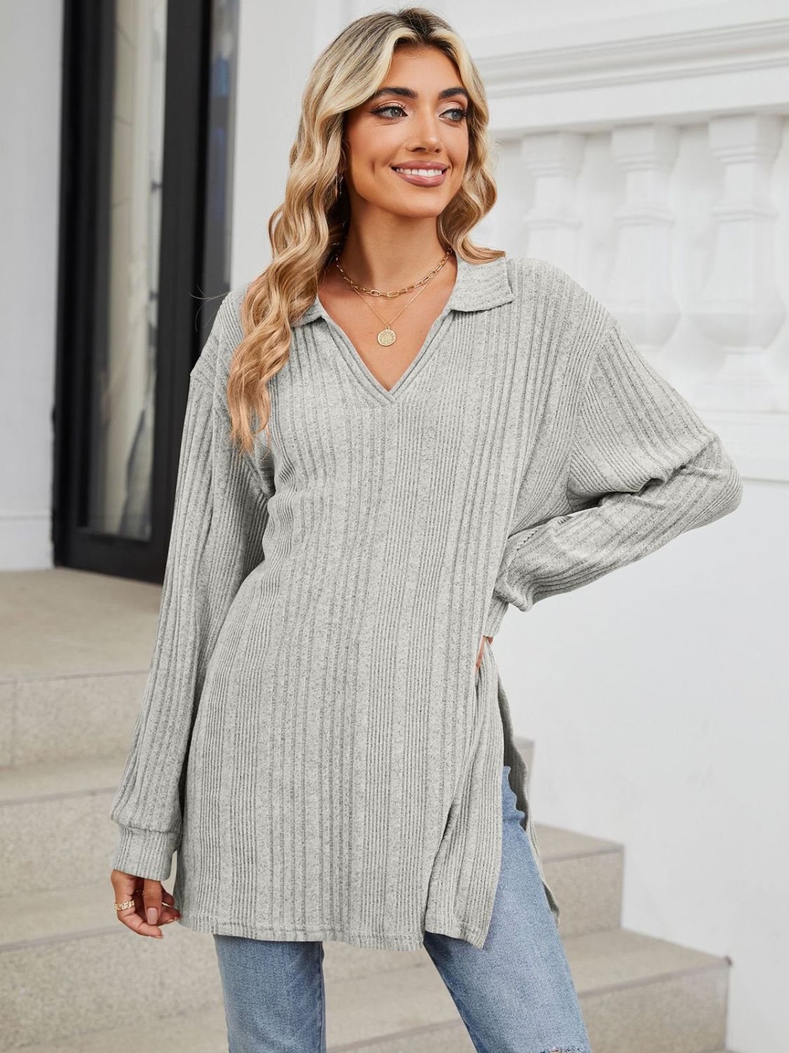 Slit Johnny Collar Long Sleeve T-Shirt-Comfortable