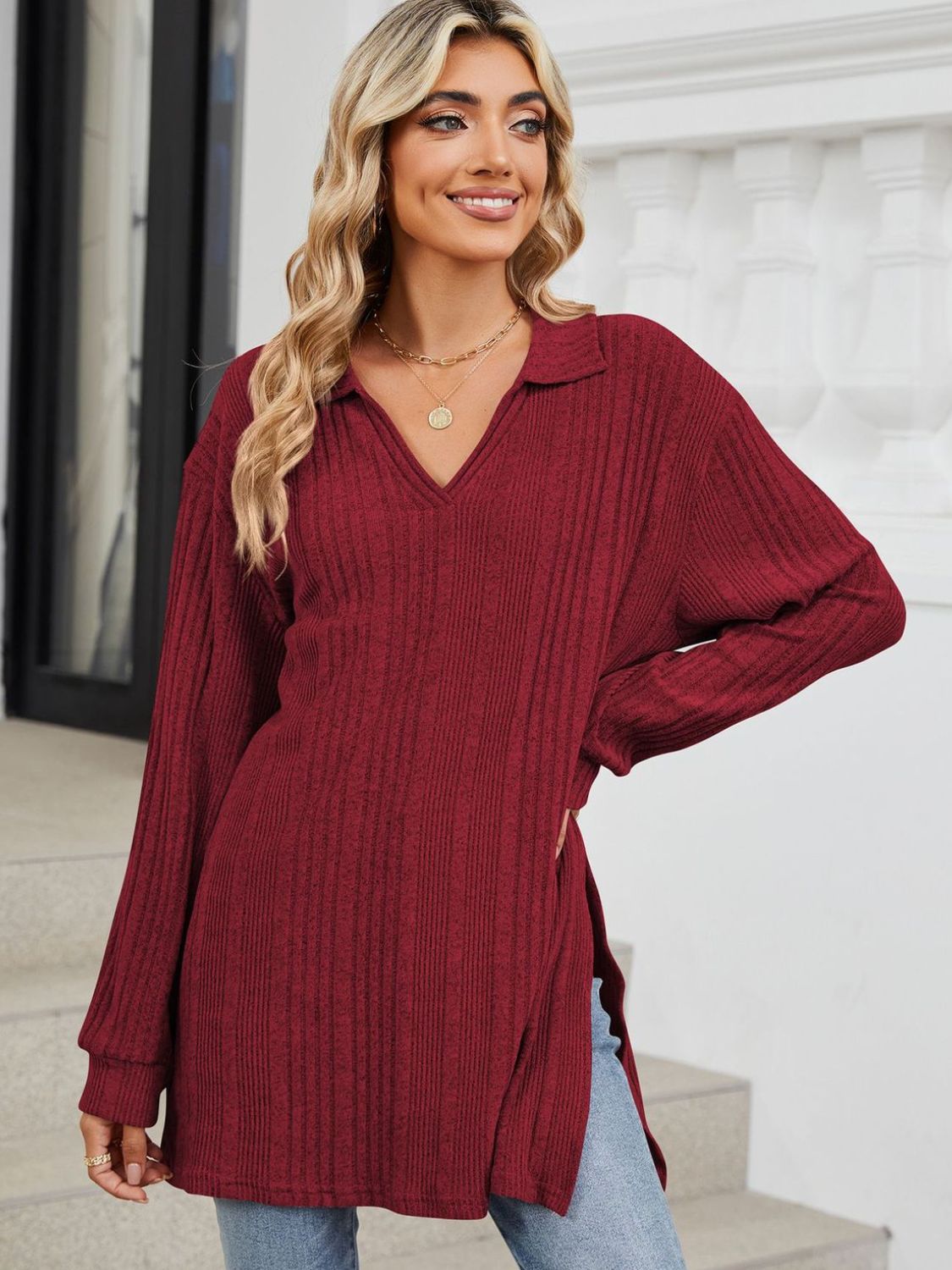 Slit Johnny Collar Long Sleeve T-Shirt-Comfortable