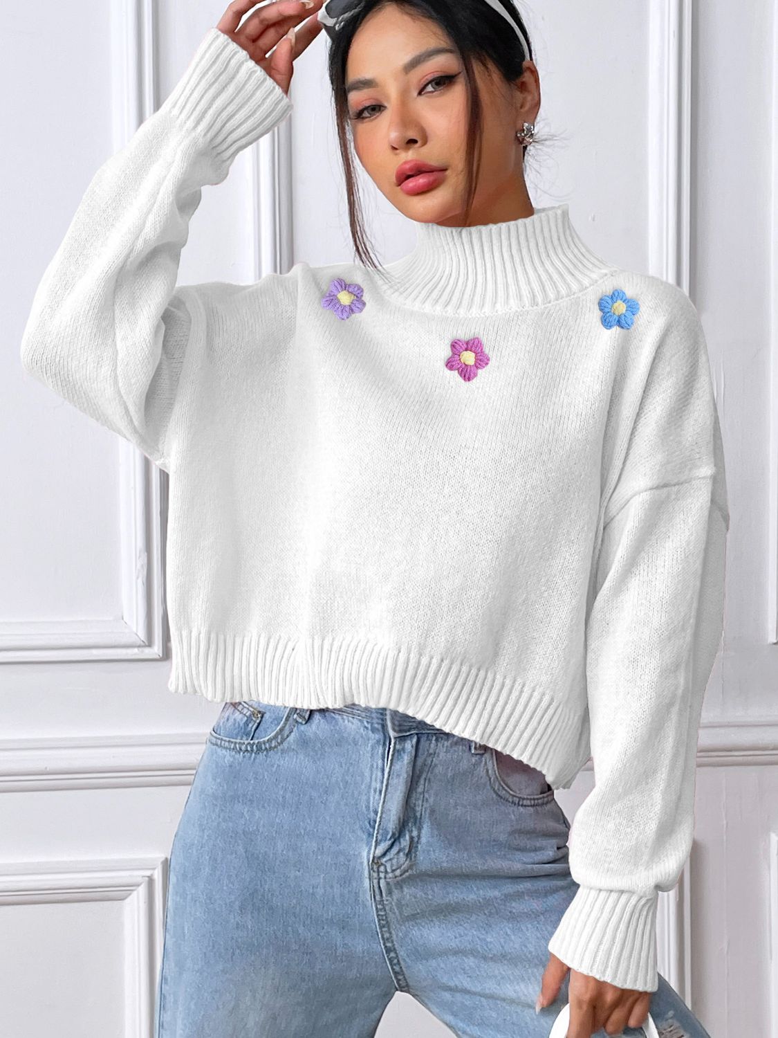Flower Turtleneck Long Sleeve Sweater-Trendy