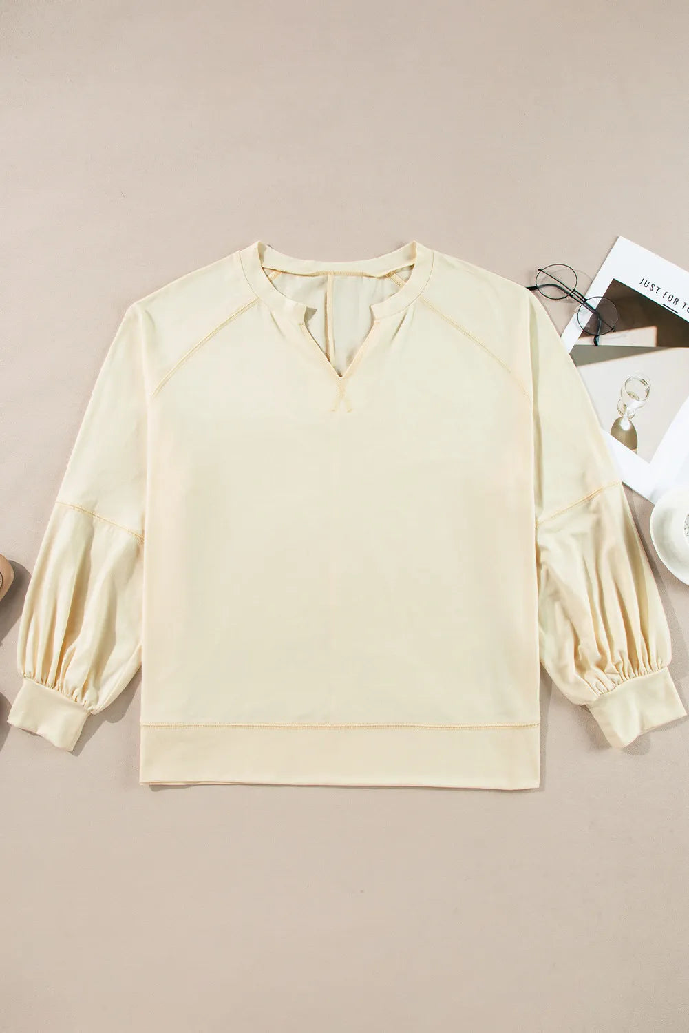 Slit Notched Long Sleeve Blouse-Stylish-Trendy