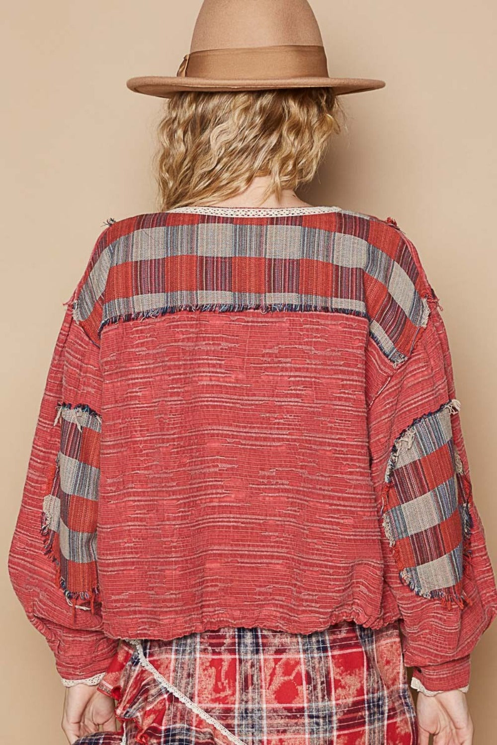 POL Round Neck Long Sleeve Plaid Shirt - Casual