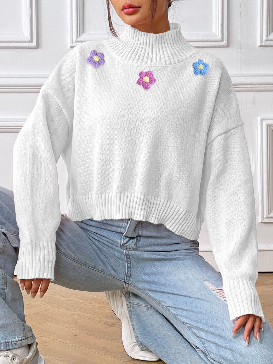 Flower Turtleneck Long Sleeve Sweater-Trendy