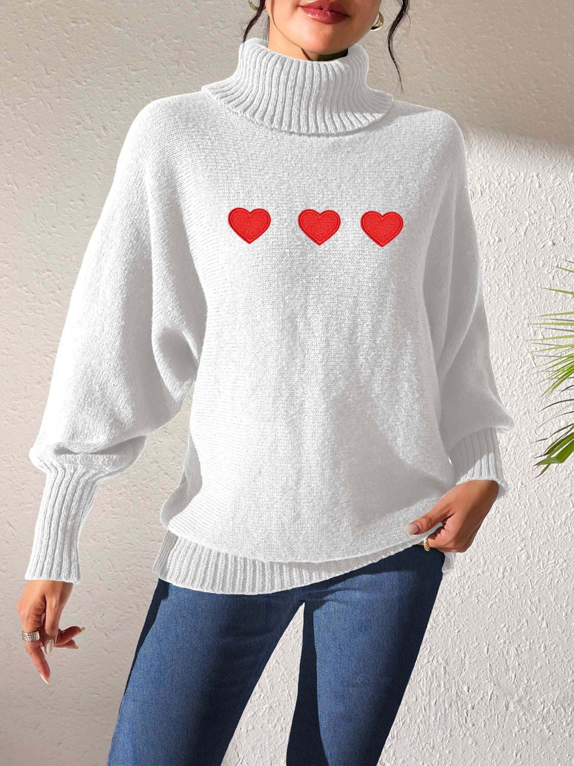 Heart Turtleneck Long Sleeve Sweater-Comfortable