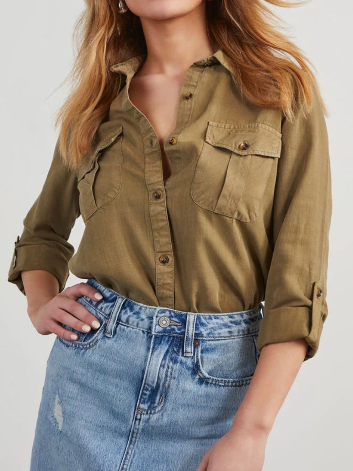 Collared Neck Roll-Tab Sleeve - Denim Top