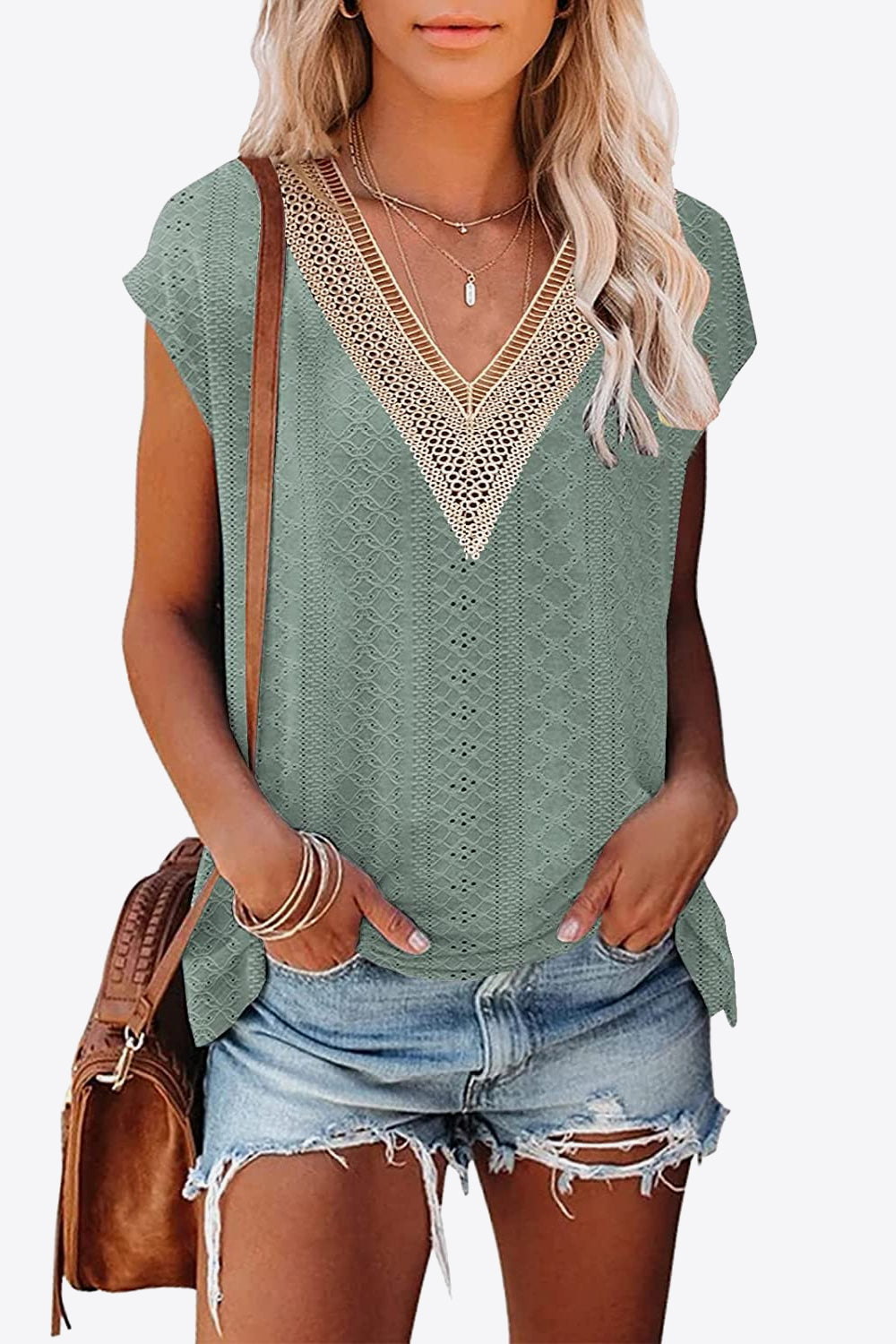 Eyelet Contrast V-Neck Tee-Stylish-Comfortable