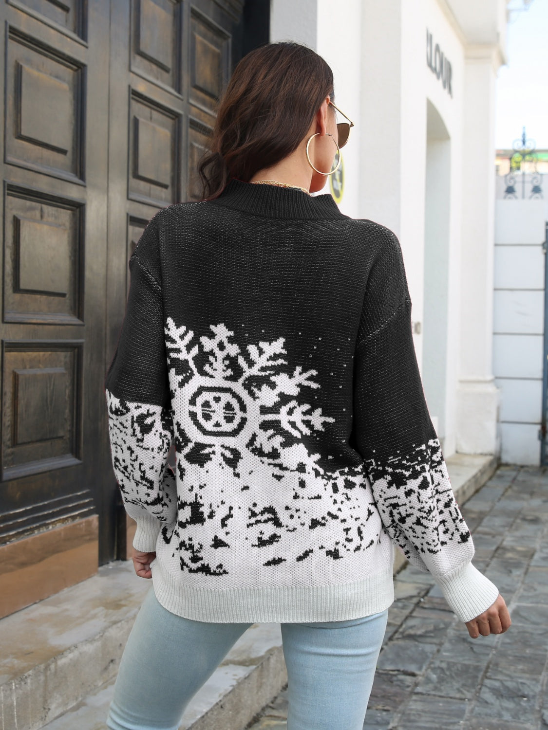 Snowflake Pattern Mock Neck Sweater-Cozy-Stylish