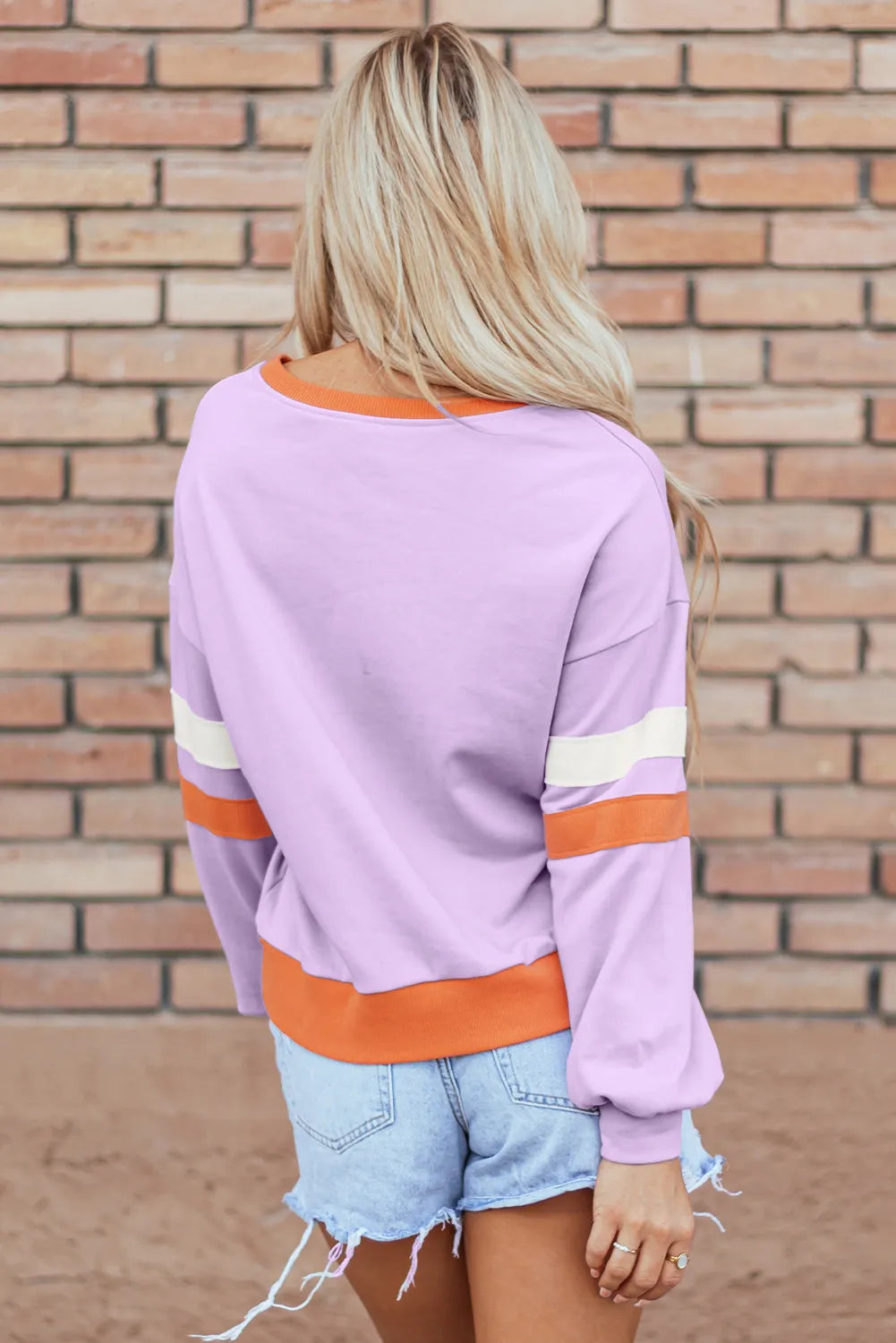 Contrast V-Neck Long Sleeve Sweatshirt-Comfort