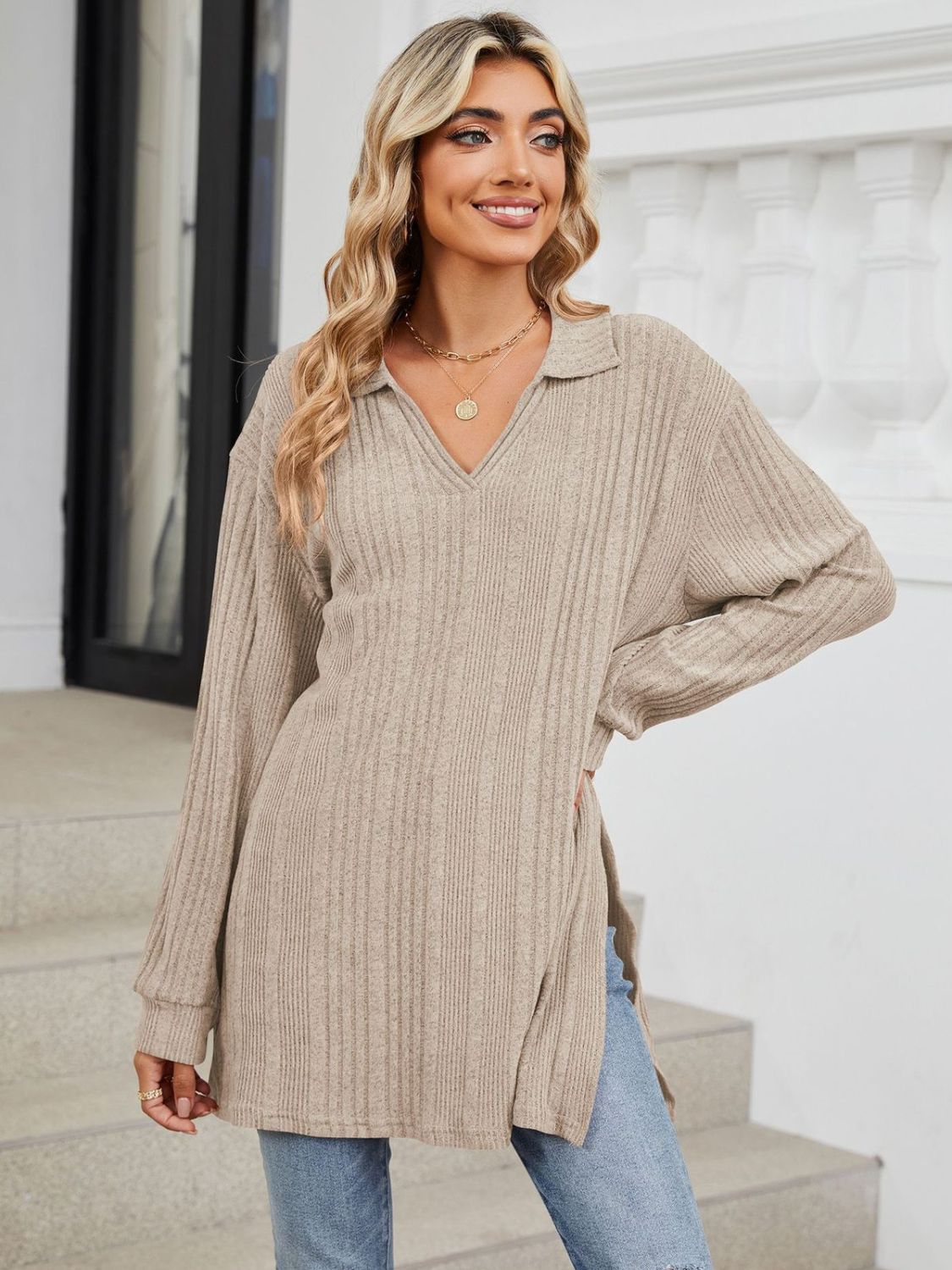 Slit Johnny Collar Long Sleeve T-Shirt-Comfortable