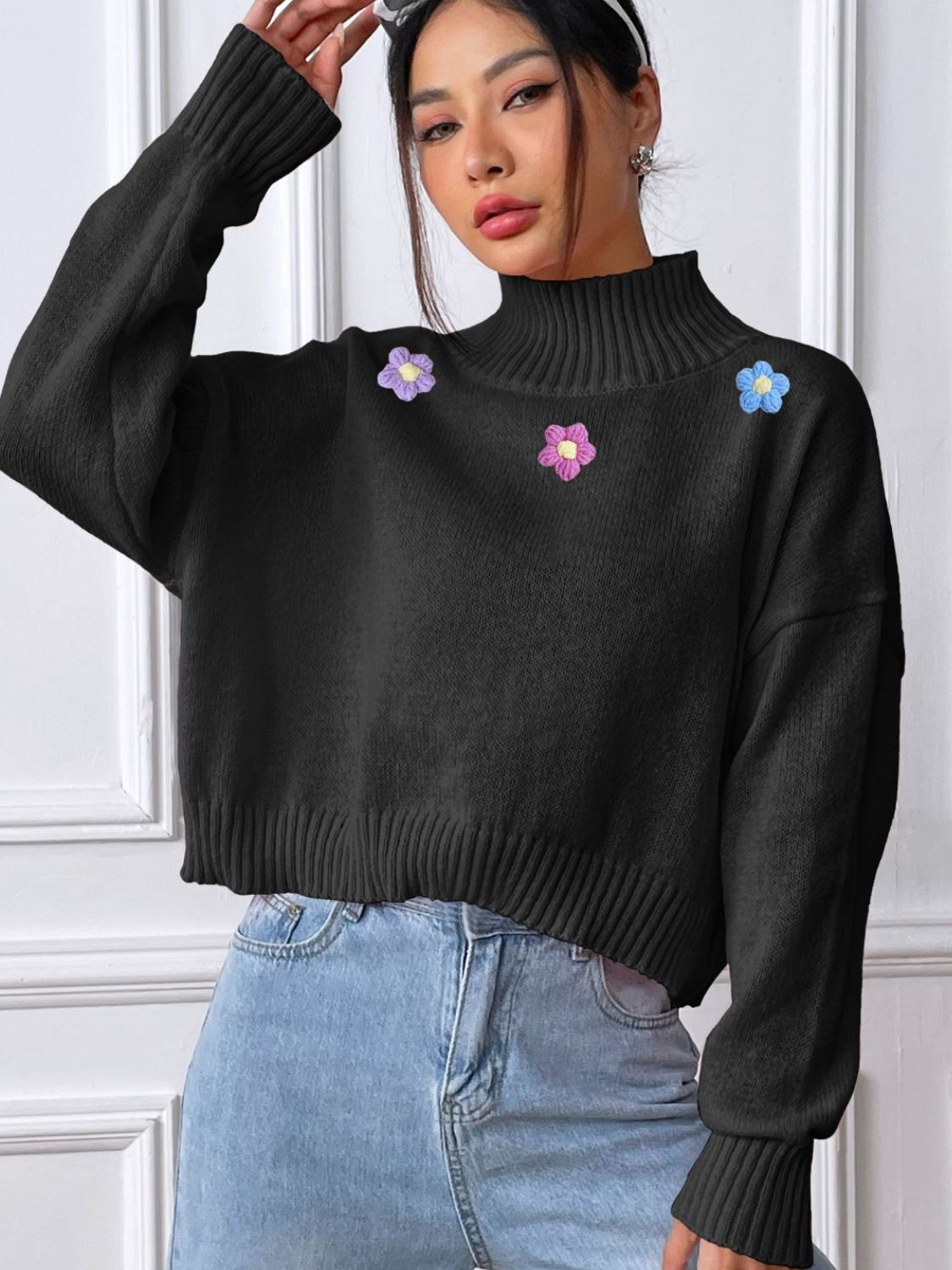 Flower Turtleneck Long Sleeve Sweater-Trendy