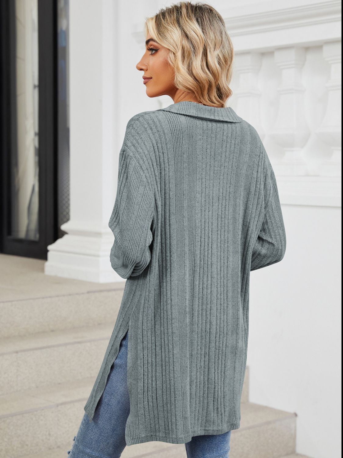 Slit Johnny Collar Long Sleeve T-Shirt-Comfortable