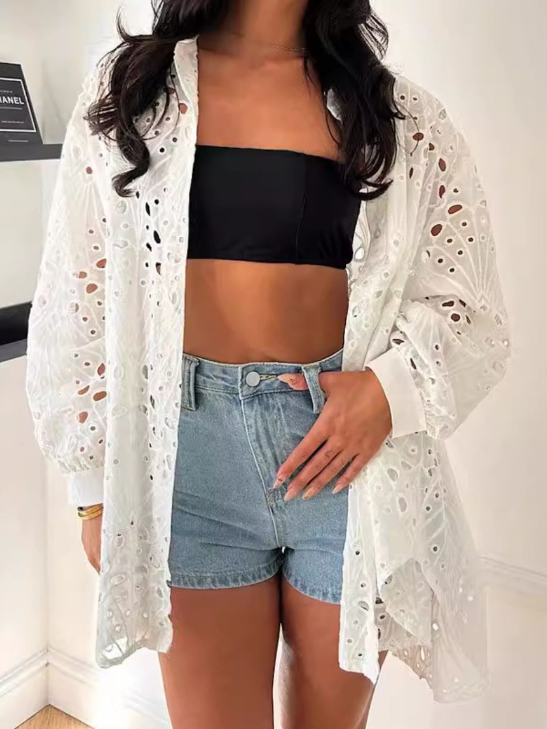 Cutout Collared Neck Long - Sleeve - Shirt