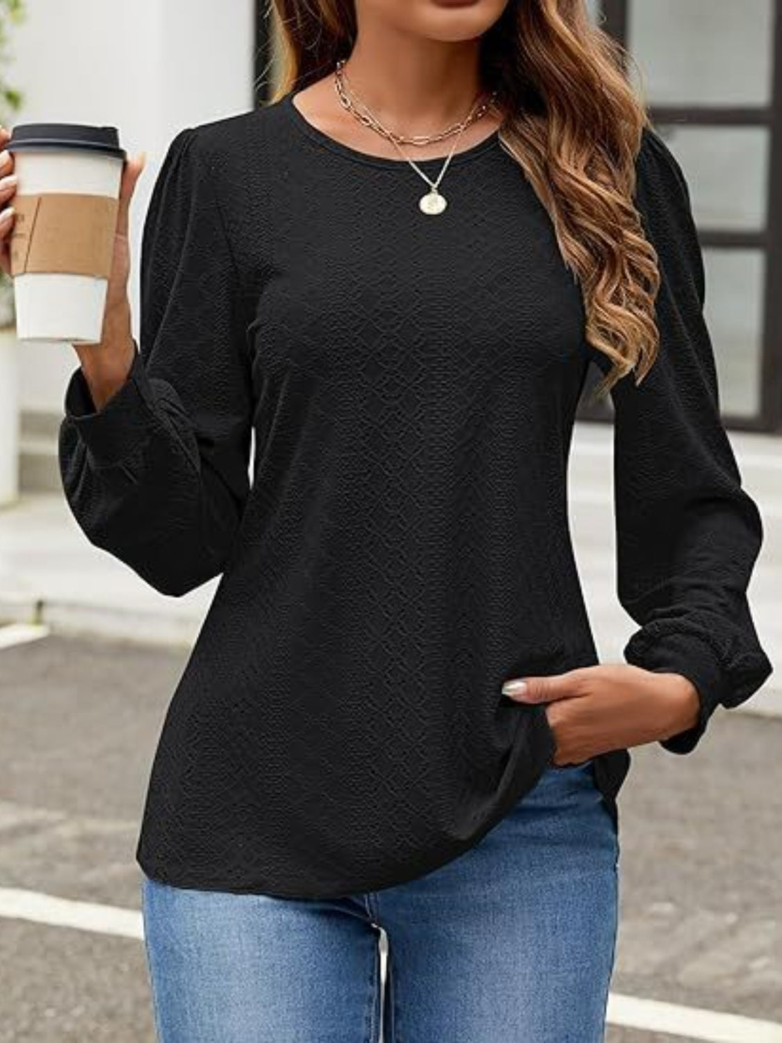 Eyelet Round Neck Long Sleeve Top-Comfortable-Fashion