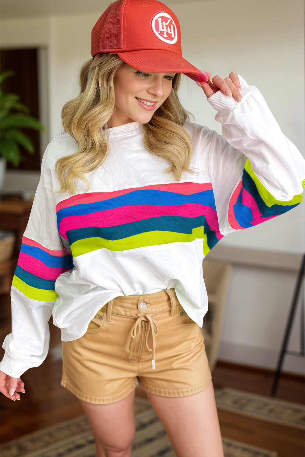 Contrast Round Neck Long Sleeve Top-Casual-Style
