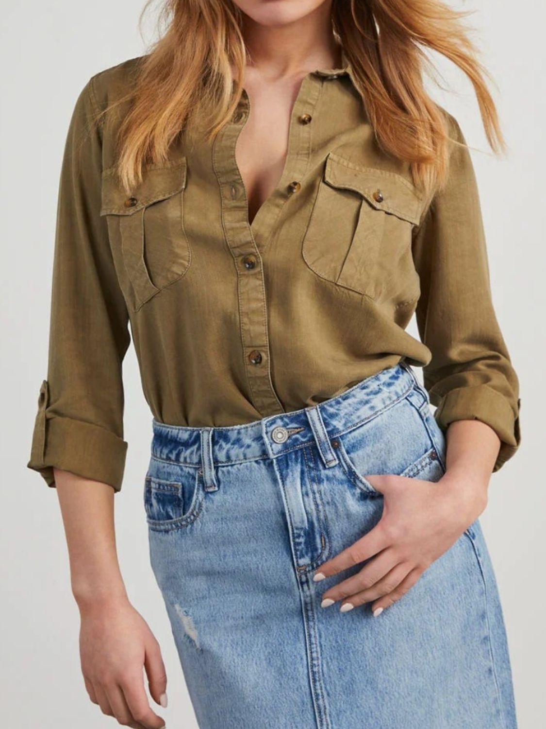 Collared Neck Roll-Tab Sleeve - Denim Top