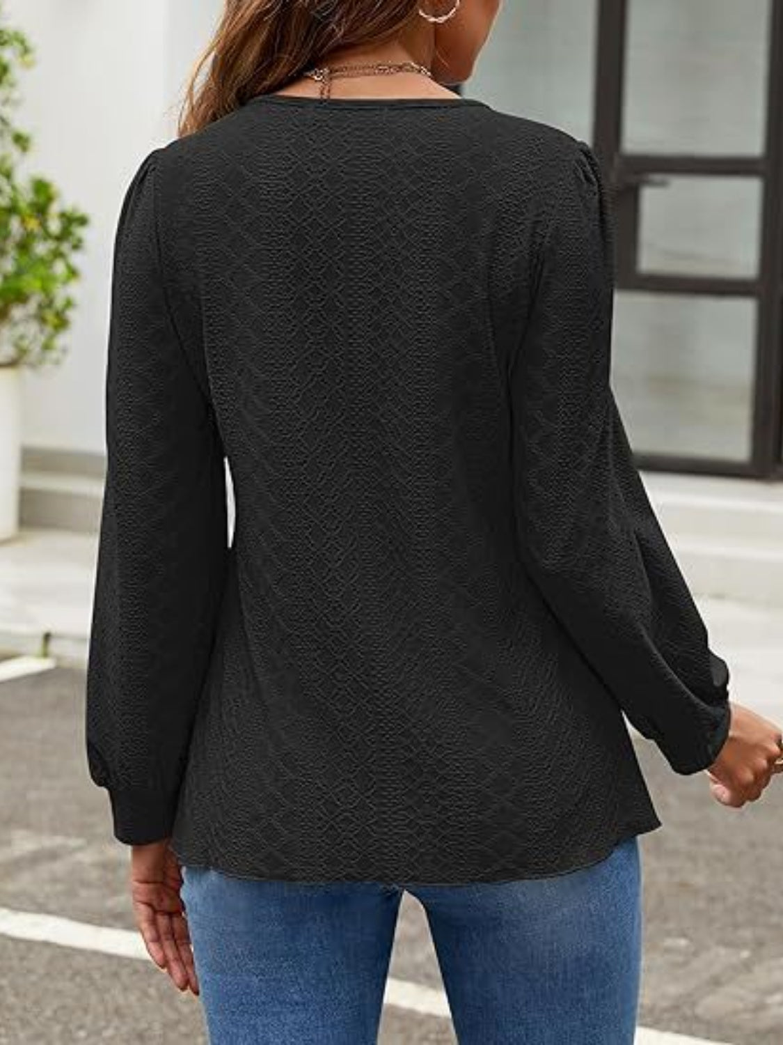 Eyelet Round Neck Long Sleeve Top-Comfortable-Fashion