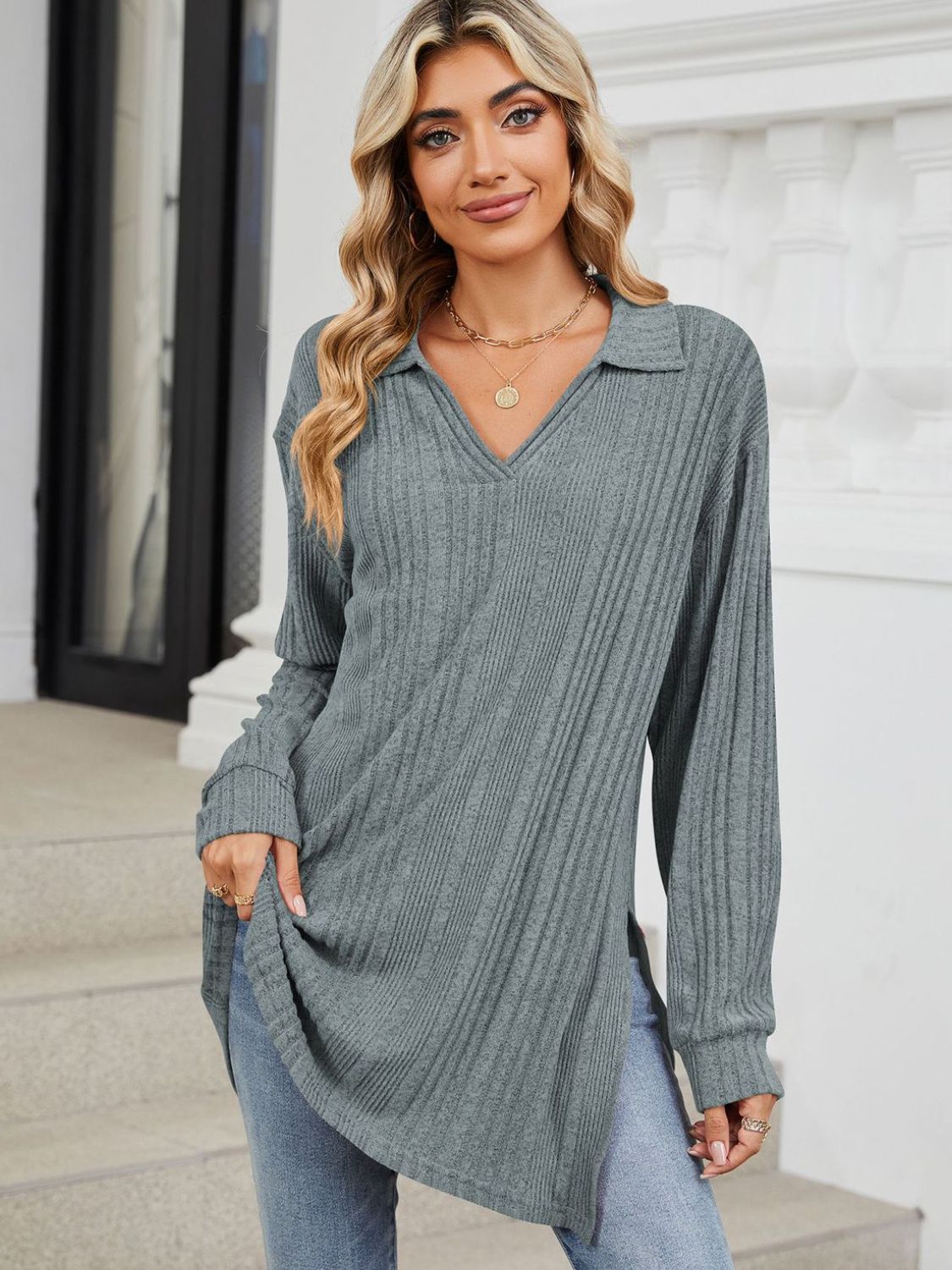 Slit Johnny Collar Long Sleeve T-Shirt-Comfortable
