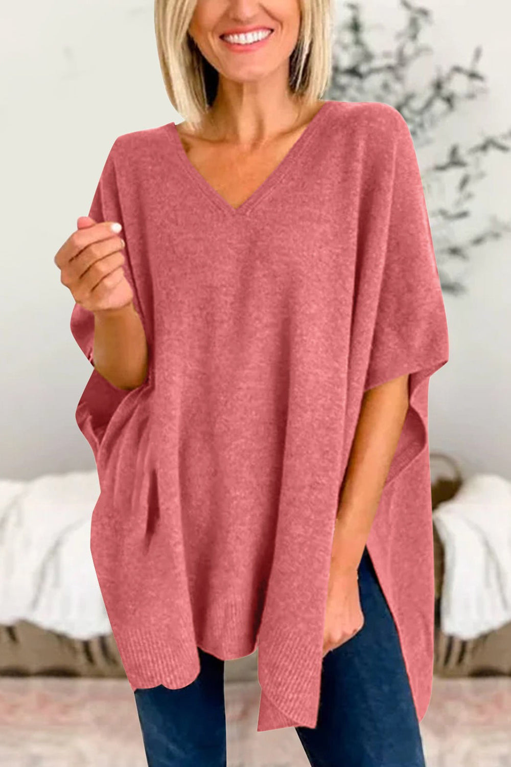 Slit V-Neck Half Sleeve Knit Top-Stylish