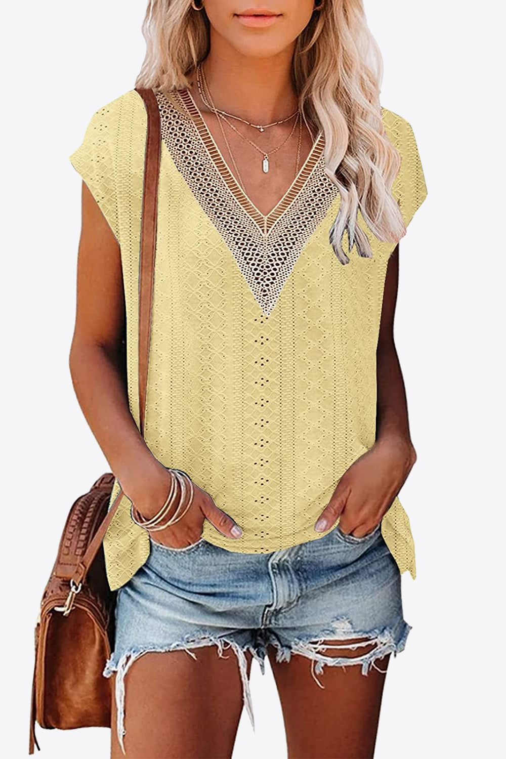 Eyelet Contrast V-Neck Tee-Stylish-Comfortable