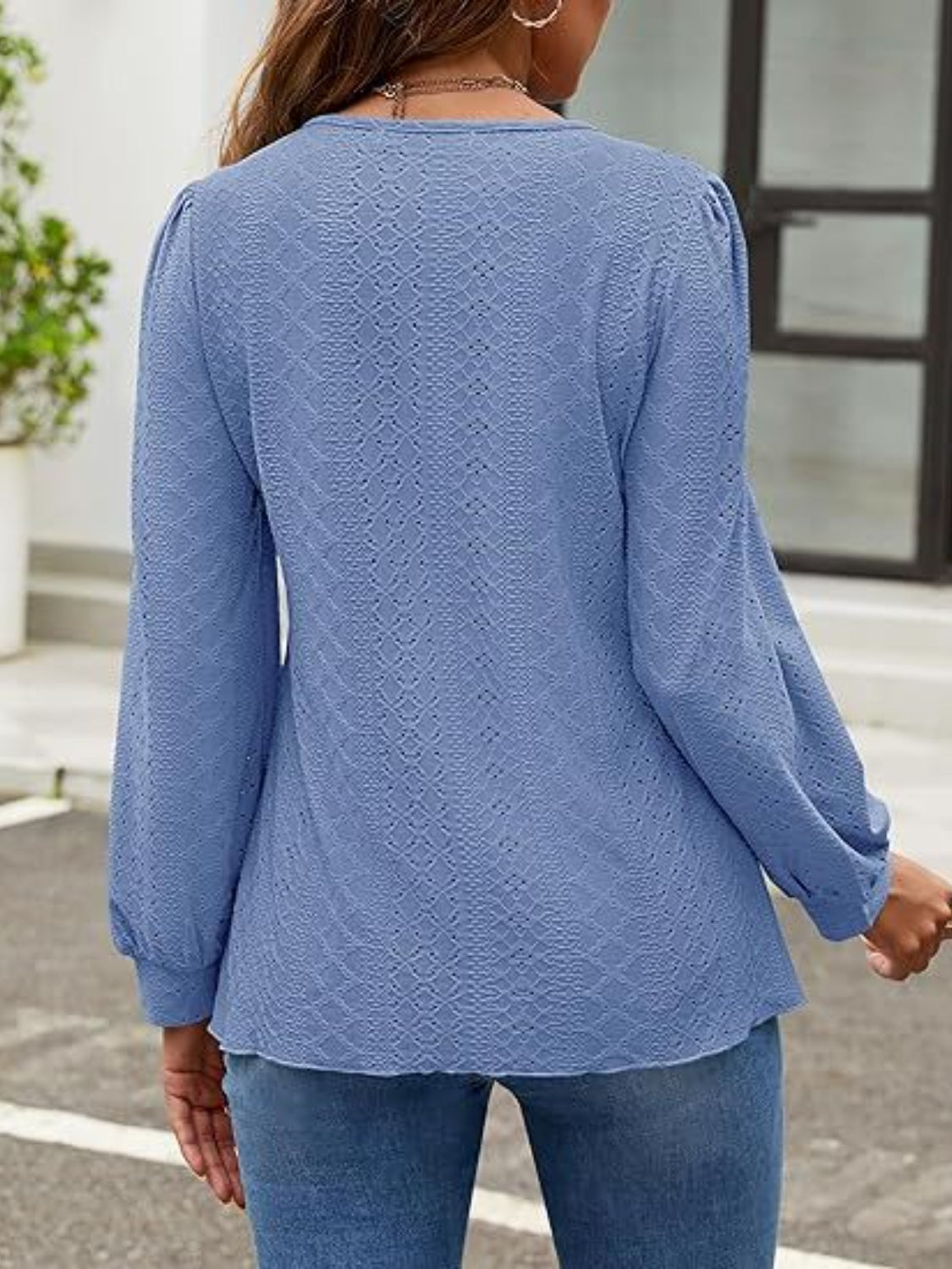 Eyelet Round Neck Long Sleeve Top-Comfortable-Fashion