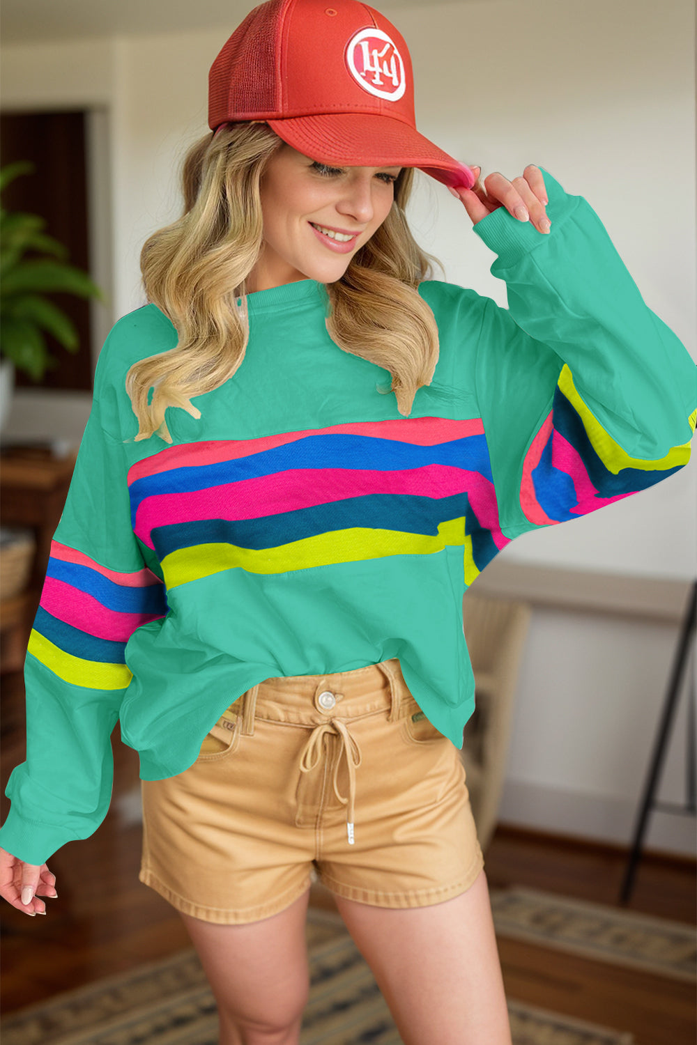 Contrast Round Neck Long Sleeve Top-Casual-Style
