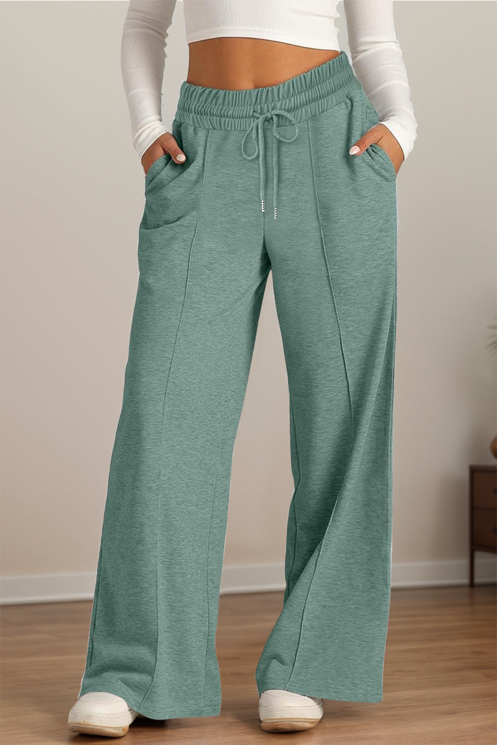 Drawstring Elastic Waist - Wide Leg Pants