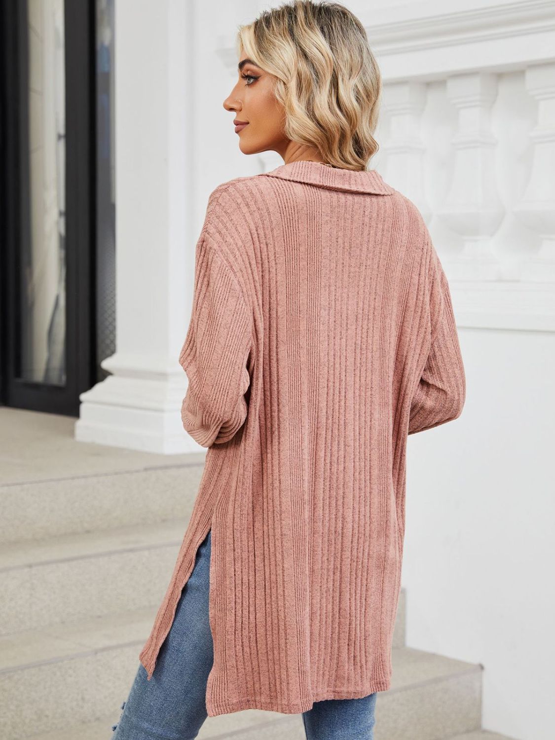 Slit Johnny Collar Long Sleeve T-Shirt-Comfortable