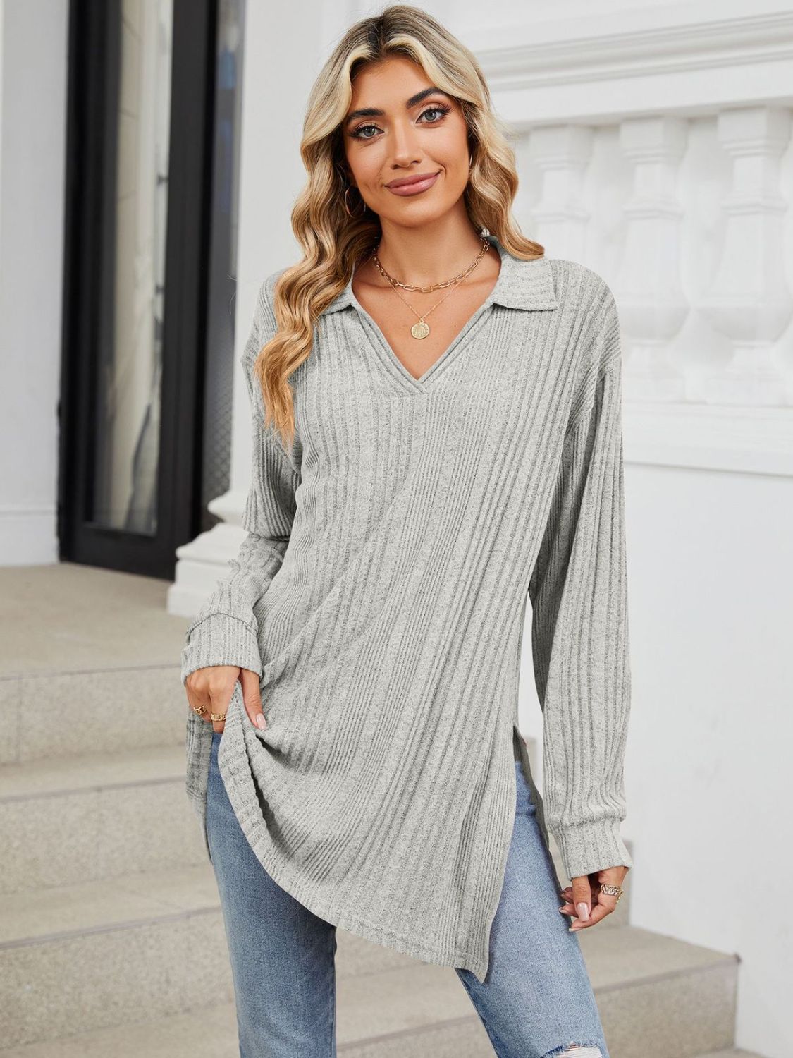 Slit Johnny Collar Long Sleeve T-Shirt-Comfortable