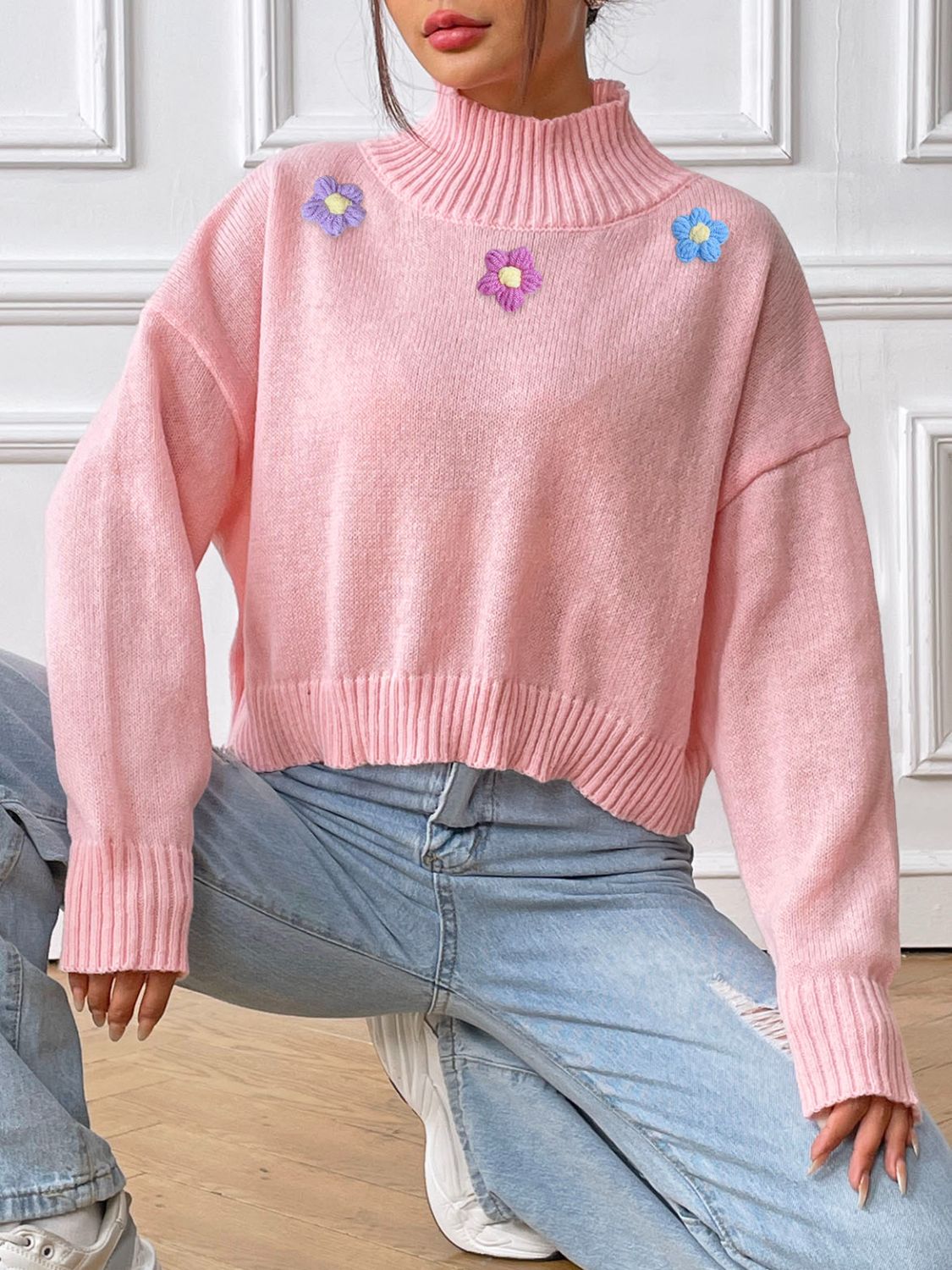 Flower Turtleneck Long Sleeve Sweater-Trendy