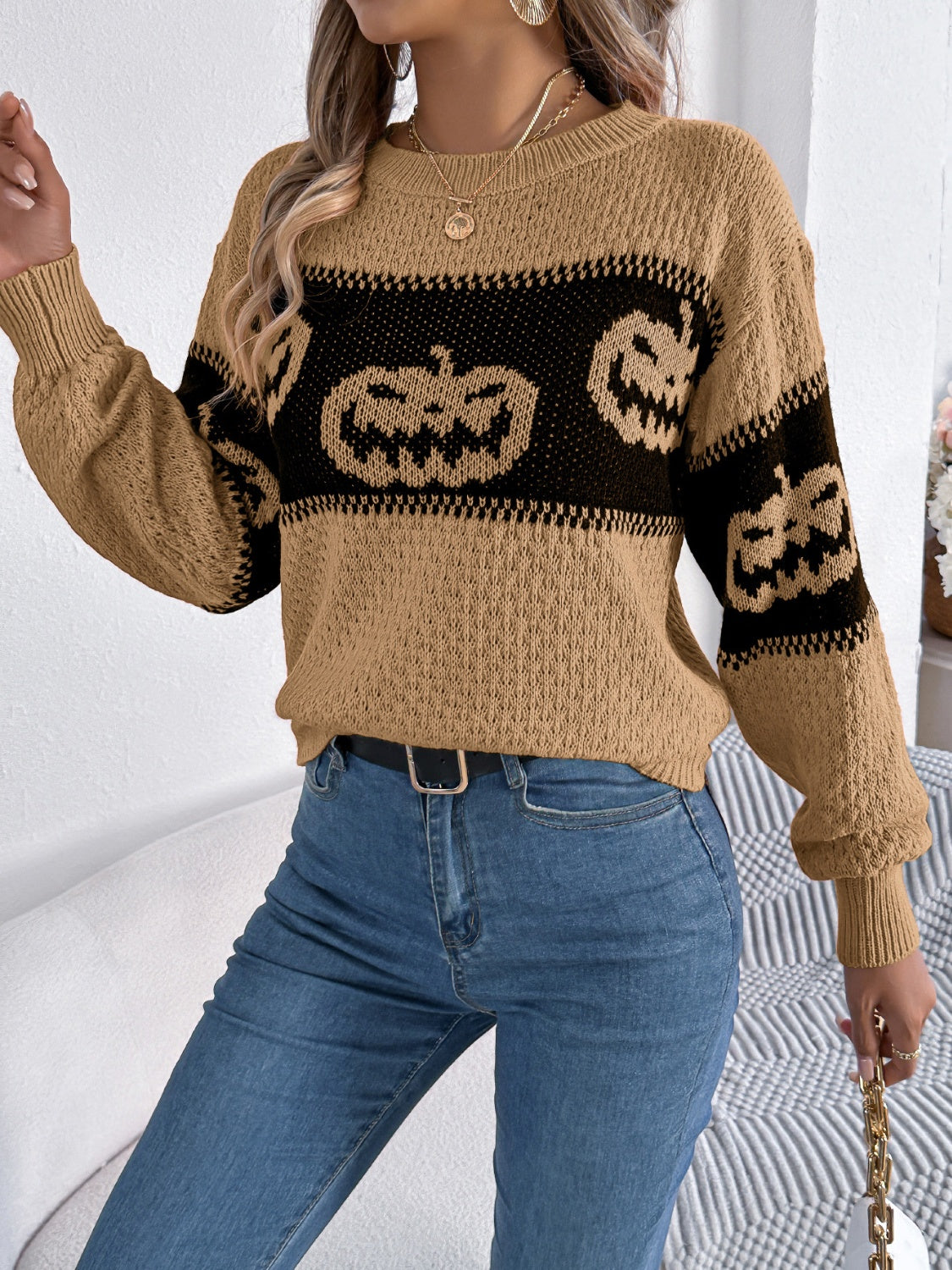 Pumpkin Round Neck- Long Sleeve -  Sweater