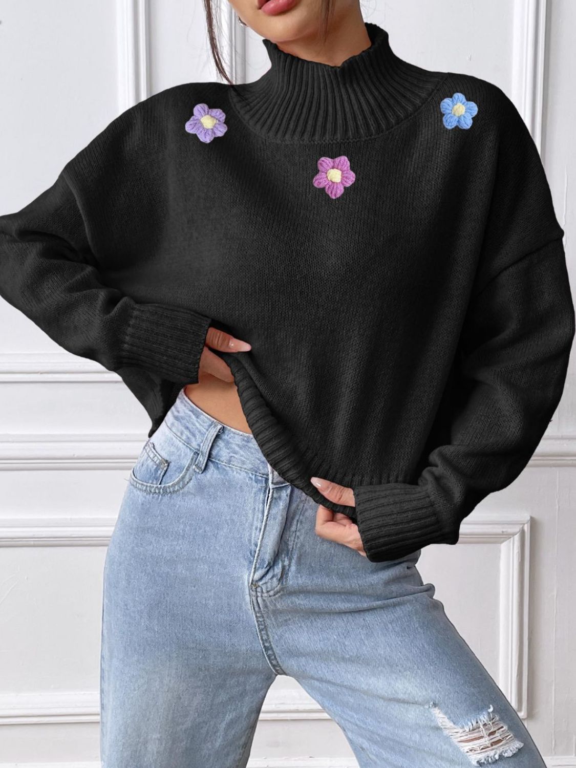 Flower Turtleneck Long Sleeve Sweater-Trendy