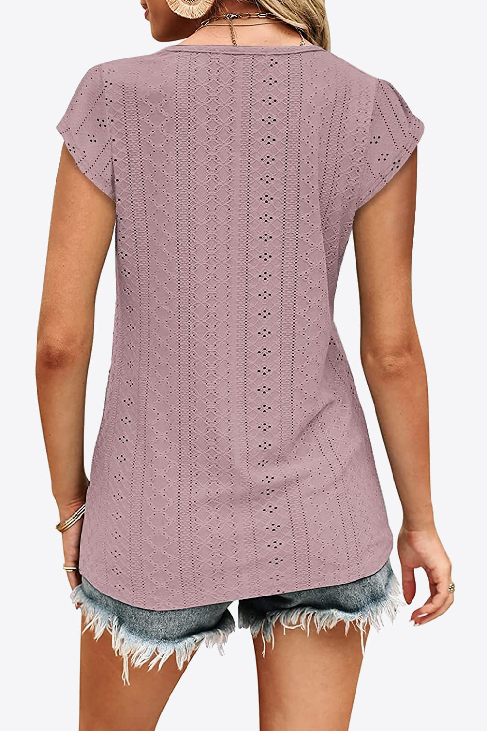 Eyelet Contrast V-Neck Tee-Stylish-Comfortable