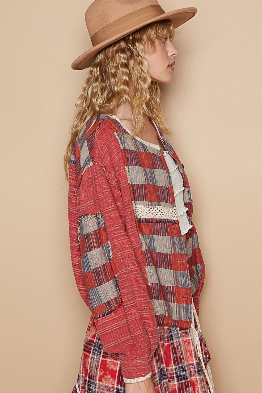 POL Round Neck Long Sleeve Plaid Shirt - Casual